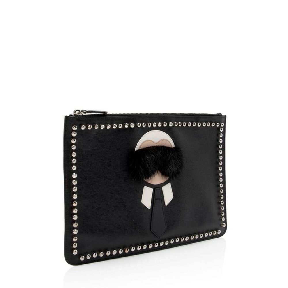 Fendi Studded Leather Mink Karlito Zip Pouch - Picture 2 of 9